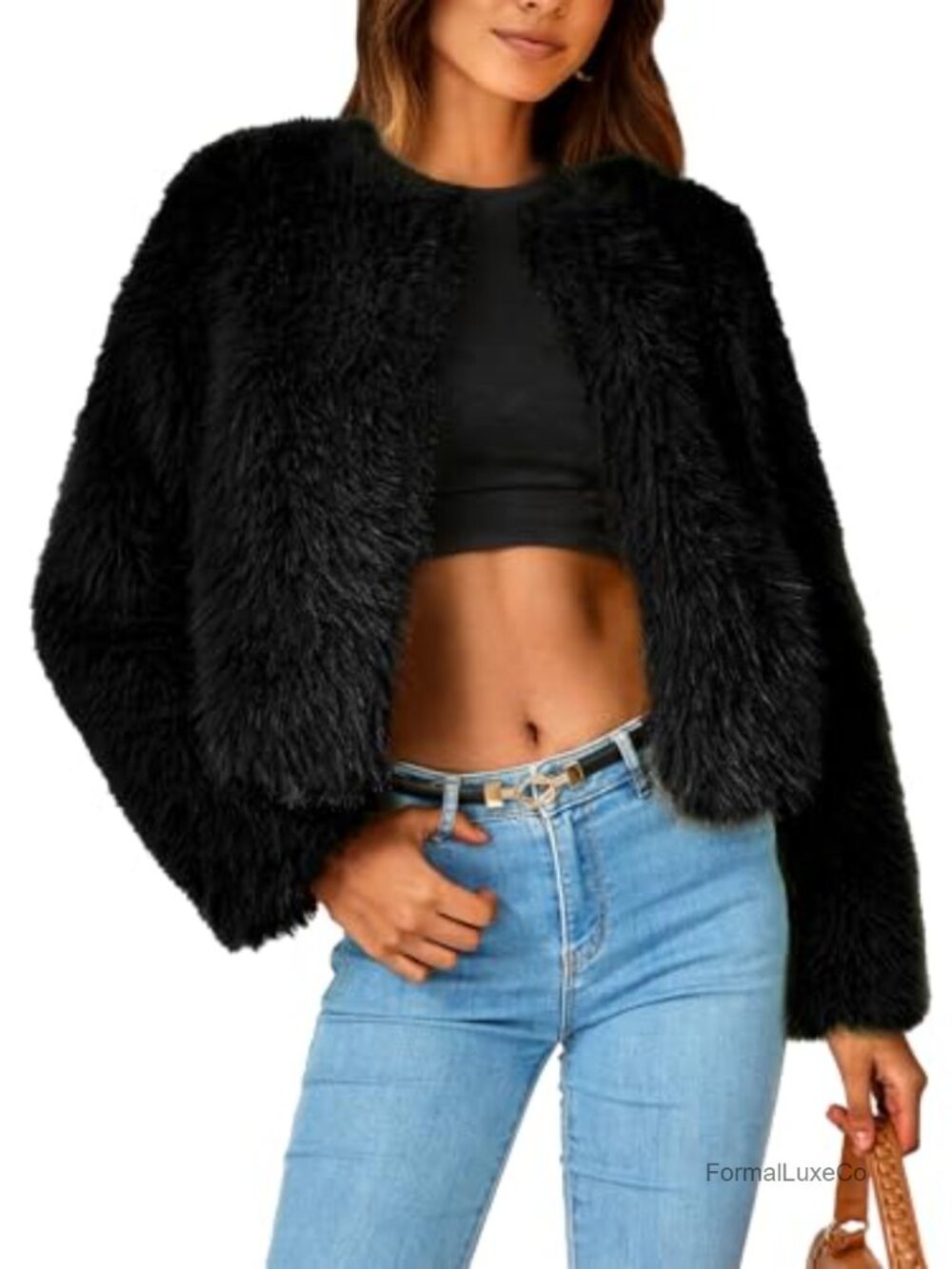 Cropped Faux Fur Coat Women's Winter Fuzzy Open Front Jacket